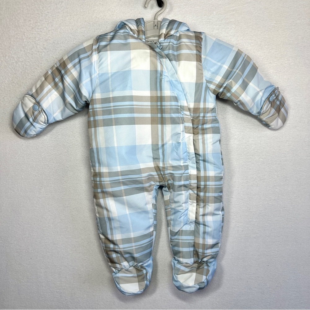 Carter's Baby Snowsuit 12M 12 M Blue White Plaid Hood One Piece Mittens Pram